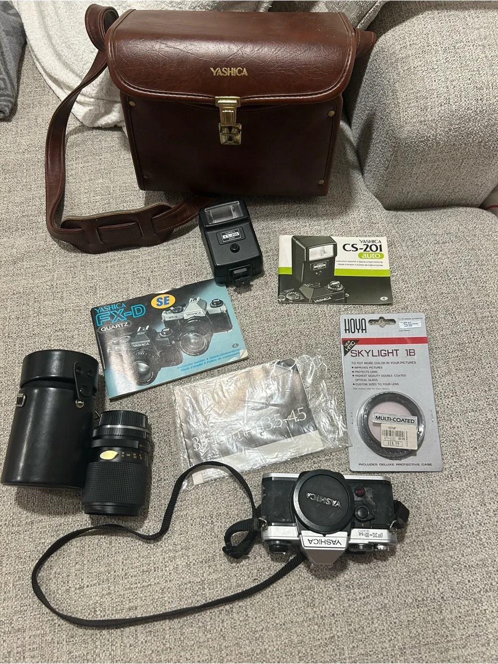 Yashica Brown Leather Camera Bag with Yashica Film Camera and Accessories as is